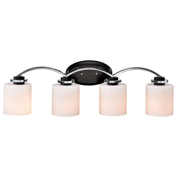 4-Light Black and Chrome Finish Vanity Lights With Etched White Glass Shades