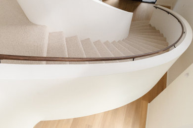 This is an example of a large contemporary carpeted curved staircase in Melbourne with carpet risers and wood railing.