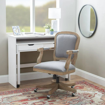 French Country Office Chair, Padded Polyester Seat With Curved Back, Light Gray