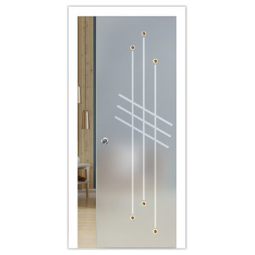 Pocket Glass Sliding Door With Frosted Lines Design & Face stones, 34"x81", Recessed Grip, Full-Private