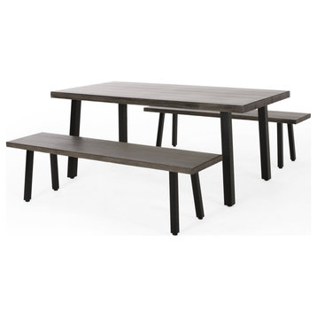 Tom Outdoor 3 Piece Aluminum Dining Set With Benches, Gray, Matte Black