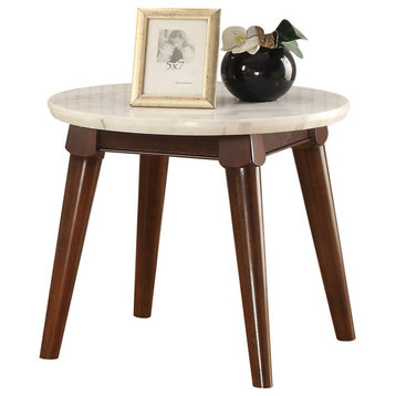 Wooden Base End Table With Marble Top, Walnut Brown