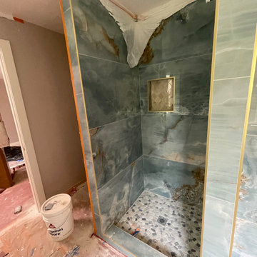 Bathroom Remodel; Huge Blue Tiles; Luxury shower and tub