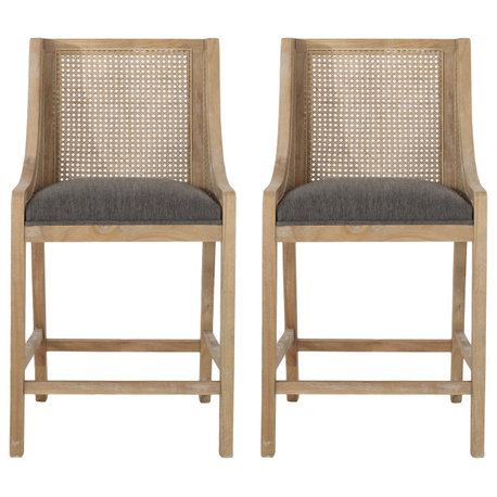 Deville Fabric Upholstered Wood and Cane 25.5 inch Counter Stools, Set of 2, Charcoal