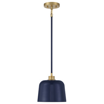 1-Light Pendant, Matte Black With Natural Brass, Navy Blue With Natural Brass