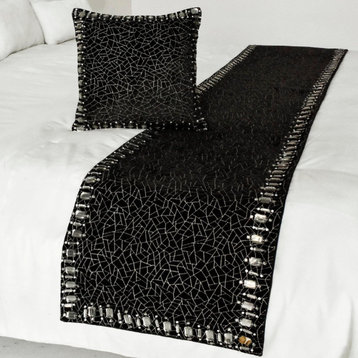 Decorative Black Velvet CA King 86"x18" Bed Runner With Pillow Cover-Mosaic Noir