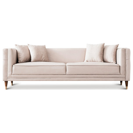 Mara Mid-Century Modern Luxury Tight Back Velvet Sofa, Light Cream