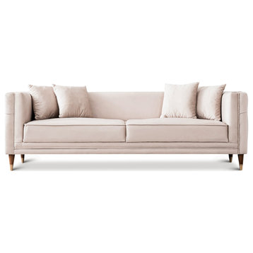Nova Mid-Century Modern Luxury Tight Back Velvet Sofa, Light Cream