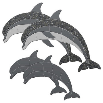 Crystal Double Dolphins Ceramic Pool Mosaic 68"x48" with shadow, Grey