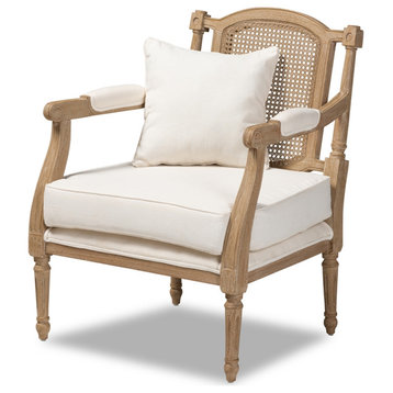 French Provincial Ivory Fabric Upholstered Whitewashed Wood Armchair