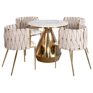 5-Piece Gigi Marble Top Dining Set, Off White Chairs