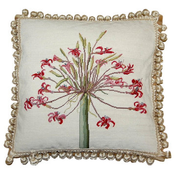 Petit Point Red Agapanthus Nature Background With Tassels Pillow, 18"x18"