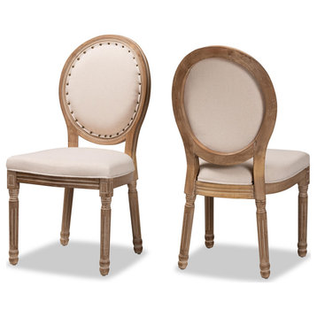 Louis French Inspired Beige Fabric Antique Brown Wood 2-Piece Dining Chair Set
