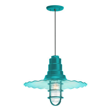Radial Wave Pendant with Wire Guard, Tahitian Teal With Clear Glass, 18" Shade