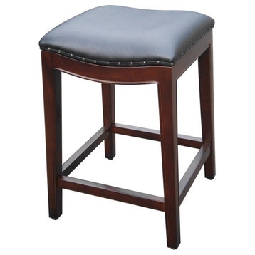 D-Art Collection Bali Wave 24" Mahogany & Faux Leather Counter Stool in Brown