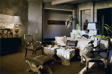 Inspiration for a large eclectic formal and open concept carpeted and gray floor living room remodel in San Diego with gray walls, no fireplace and no tv