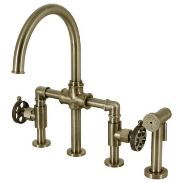 KS2333RKX Webb Bridge Kitchen Faucet With Brass Sprayer, Antique Brass