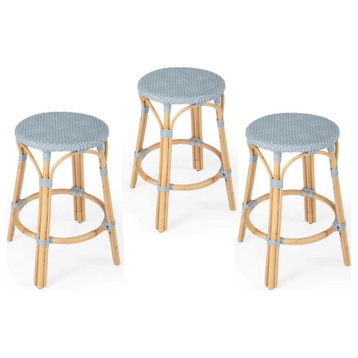 Home Square 3 Piece Rattan Counter Stool Set in Twilight Blue