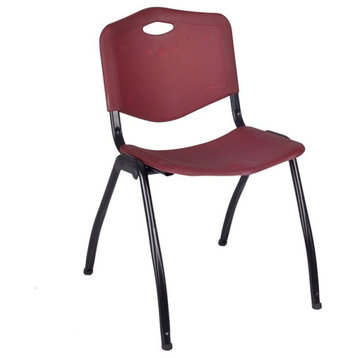 Kee 36" Round Breakroom Table, Cherry/Chrome and 4 "M" Stack Chairs, Burgundy