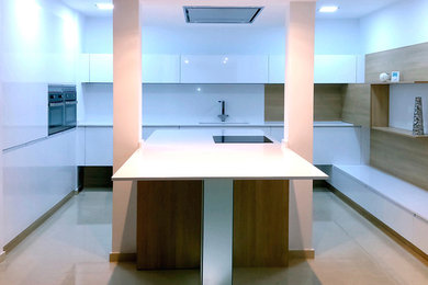 Diseño de cocinas en U moderno de tamaño medio abierto con fregadero encastrado, armarios con paneles lisos, puertas de armario blancas y una isla