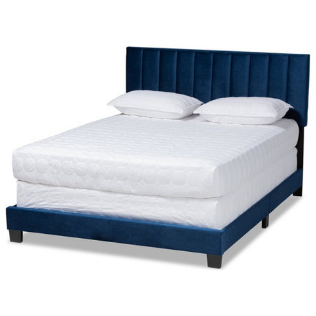 Baxton Studio Clare Full Size Navy Blue Velvet Panel Bed with Tufted Headboard