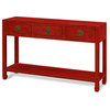 Distressed Red Elmwood Chinese Ming Console Table  with 3 Drawers and Shelf