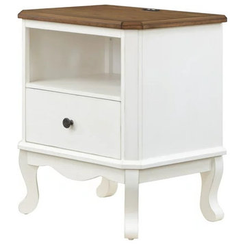 Traditional Nightstand, Curved Legs & Brown Top With USB Charging Ports, White