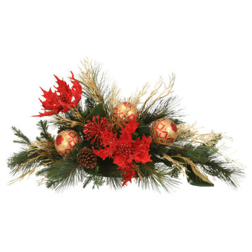 Red Poinsettia Mantle Arrangement With Pine and Ornaments