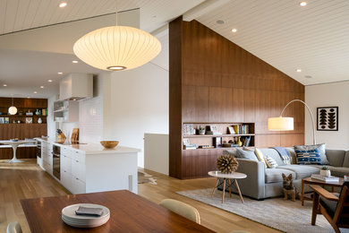 Large mid-century modern open concept light wood floor living room photo in San Francisco with white walls, a standard fireplace, a concrete fireplace and a wall-mounted tv