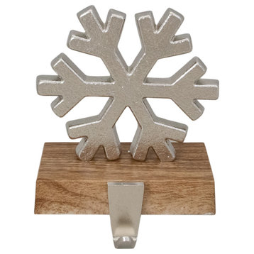 6.25" Silver Snowflake With Wood Finish Base Christmas Stocking Holder