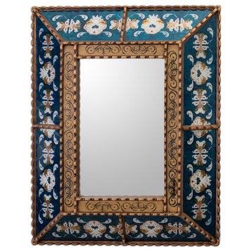 Novica Handmade Teal Colonial Garden Reverse Painted Glass Wall Mirror