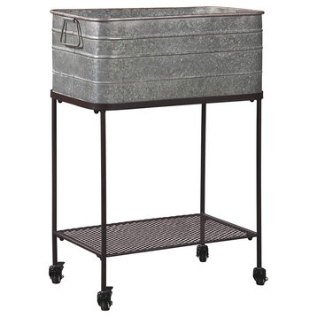Rectangular Metal Beverage Tub With Stand And Open Grid Shelf, Gray And Black