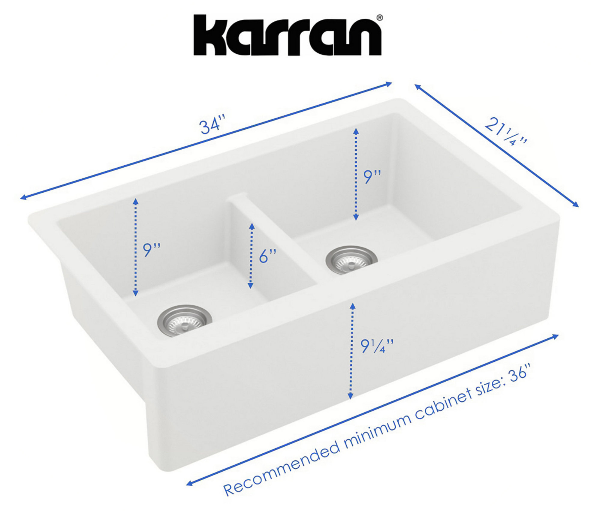 Karran All, One Farmhouse Quartz 34" Double Bowl Sink, White With Faucet