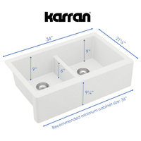 Karran All, One Farmhouse Quartz 34" Double Bowl Sink, White With Faucet