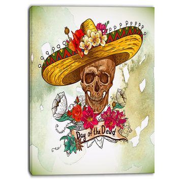 "Skull in Sombrero With Flowers" Digital Floral Canvas Print, 30"x40"
