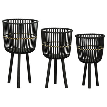 S/3 Bamboo Footed Planters 11/13/15", Black