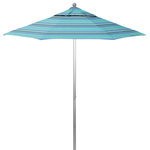 California Umbrella - 7.5' Fiberglass Market Umbrella Push Open Silver Anodized, Sunbrella, Dolce Oasi - California Umbrella, Inc. Has been producing high quality patio umbrellas & frames for over 65 years. The California Umbrella trademark is immediately recognized for its standard in engineering & innovation among all brands in the United States. As a leader in the industry, they strive to provide you with products & service that will satisfy even the most demanding consumers. Their umbrellas are constructed to give consumers many years of pleasure. Their canopy designs are limited only by the imagination. They are dedicated to providing artistic, innovative, fashion conscience & high quality products for all of your customer needs. This contract grade frame is perfect for any outdoor application offering 1/2" round extra heavy-duty fiberglass ribs, thick aluminum 2Piece pole, reinforced ribs & stainless steel hardware. The Sunbrella fabric is the best choice in the outdoor industry- durable, easy to maintain & UV safe. This type of fabric is water-repellant & through research, it has been proved that the fabric providesup to 98% protection against harmful UV rays. The darker the color of the fabric- the stronger the protection. You can use Sunbrella fabrics for as many years as you please & still get the same Degree of protection as the first day you bought it. Awarded "seal of Recommendation" by the skin Cancer foundation, Sunbrella fabric is simply the best you can get. Please note that all umbrellas are sold without the base. The base can be purchased separately.
