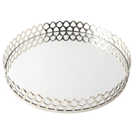 Luxe Classic Silver Nickel Arch Lattice Tray Decorative 11in Round Mirror Glass