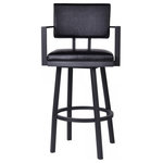 Armen Living - Barstool with Arms in Black Powder Coated Finish and Vintage Black Faux Leather, - Balboa 26” Counter Height Barstool with Arms in Black Powder Coated Finish and Vintage Black Faux Leather.