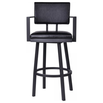 Barstool with Arms in Black Powder Coated Finish and Vintage Black Faux Leather,