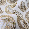 Medusa head Versace Off white gold metallic greek key circles textured Wallpaper, 27 Inc X 33 Ft Roll