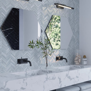 Chic, Chevron Glass Mosaic Tile Backsplash In Luxury Bathroom Design