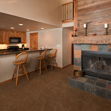 A fireplace anchors a remodel.