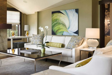 Inspiration for a mid-sized transitional formal and open concept medium tone wood floor living room remodel in Salt Lake City with green walls, a standard fireplace, a stone fireplace and no tv