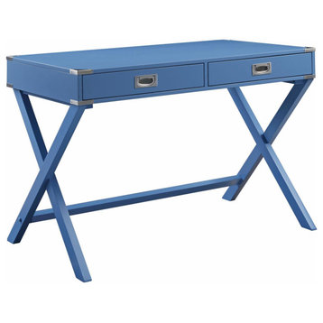 Contemporary Desk, X-Shaped Legs & 2 Drawers With Metal Pull Handles, Blue