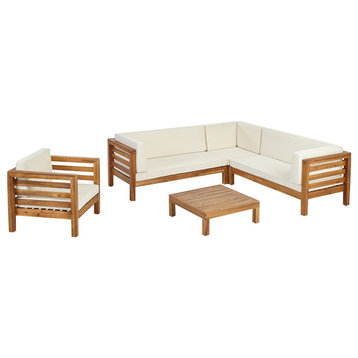 Emma Outdoor 6 Seater Acacia Wood Sectional Sofa and Club Chair Set, Beige