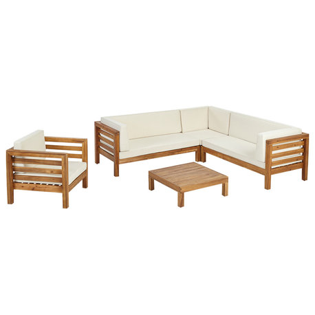 Emma Outdoor 6 Seater Acacia Wood Sectional Sofa and Club Chair Set, Beige