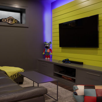 A Stylish Basement Game Room with Shiplap Wall