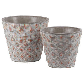 Cement Round Pots With Diamond Design and Tapered Bottoms, 2-Piece Set