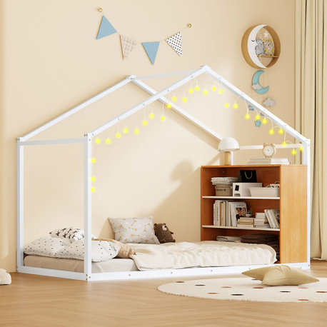 Playhouse Design House Bed Frame for Kids with Shelves and LED Lights, White(twin)